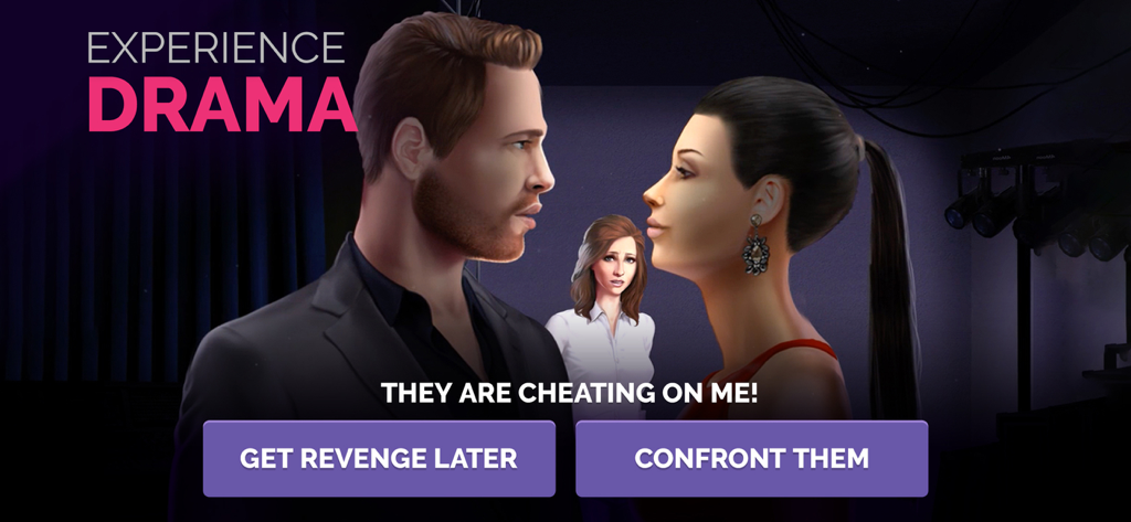 Uma cena dramática de jogabilidade de Linda Brown: História Interativa mostrando um confronto sobre traição com botões de escolha para o jogador