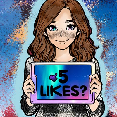 a realistic girl holding a sign saying 5 likes?