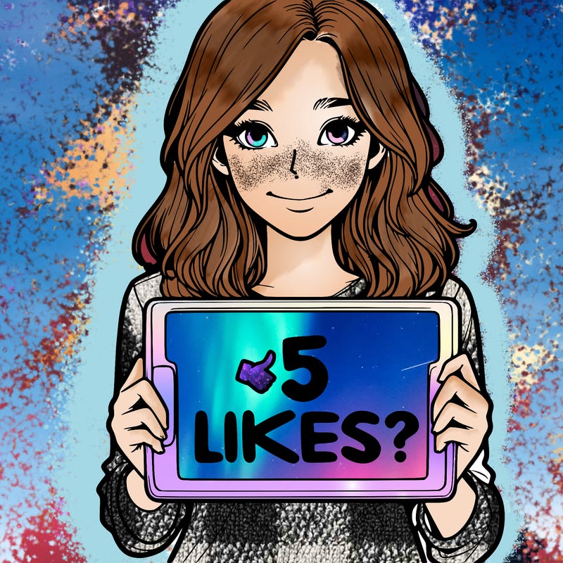 a realistic girl holding a sign saying 5 likes?