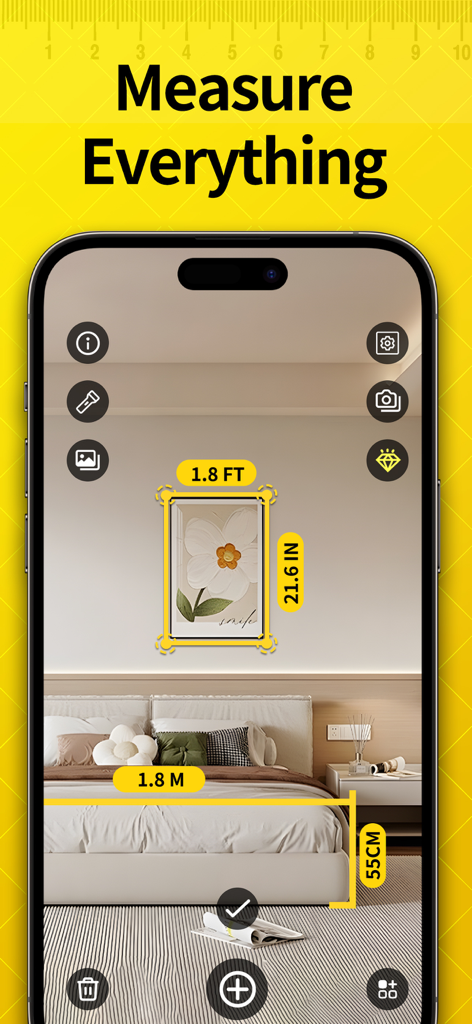 Level Tool・Tape Measure・AR App - An iPhone displaying an AR measurement app being used to measure a picture frame and a bed.