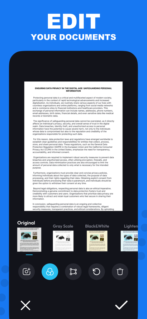 Scan Cam: Docs PDF Scanner App - Interfaz de iPhone que muestra filtros de edición de documentos en la aplicación Scan Cam.