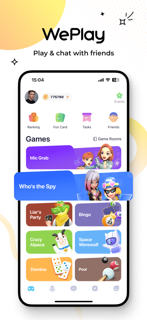 WePlay app interface showing a variety of casual party games like Mic Grab and Space Werewolf with 3D characters.
