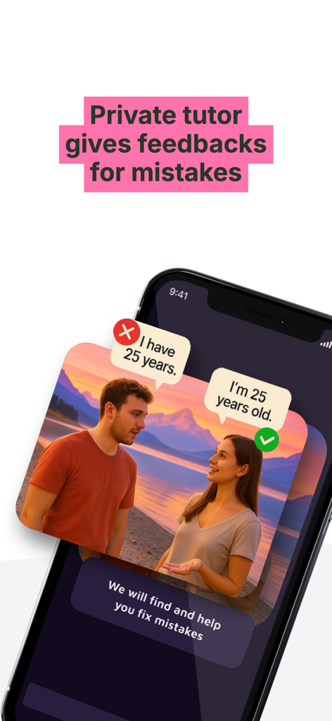 Talk Party: Practice English - L'interface de l'application Talk Party montrant un tuteur IA fournissant des commentaires de grammaire instantanés sur une conversation