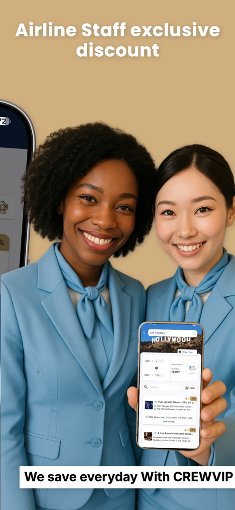 CrewVIP AI Airline Staff Perks - 制服を着た2人の笑顔の客室乗務員が、スマートフォンでCrewVIPアプリを見せています。