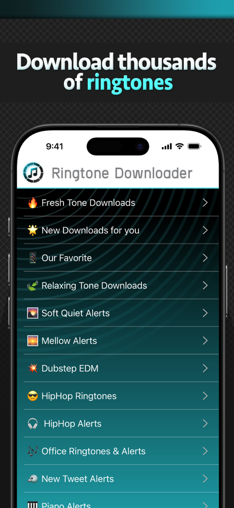 Ringtone Downloader Pro - Ringtone Downloader Pro app interface showing a menu of ringtone categories including Relaxing, Soft Quiet, and HipHop tones.