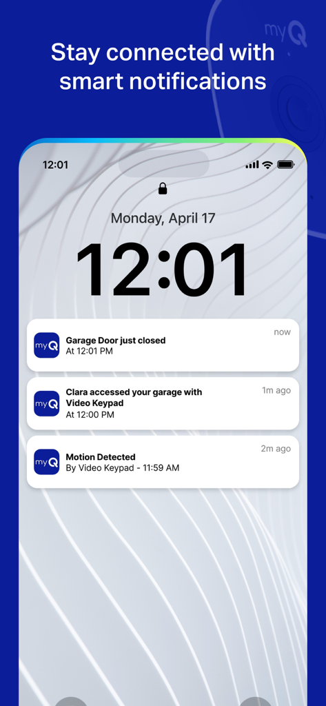 myQ Garage & Access Control - Sperrbildschirm eines Smartphones mit Echtzeit-myQ-App-Benachrichtigungen für Garagenzugang und Sicherheitswarnungen