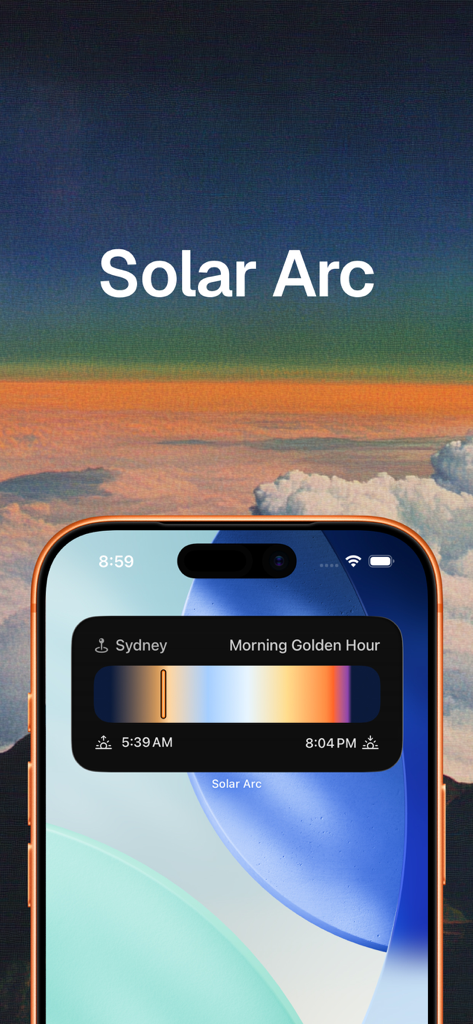 Solar Arc: Sun and Moon Widget - Aplicación Solar Arc que muestra un widget de hora dorada de la mañana en la pantalla de inicio de un iPhone con horarios de amanecer y atardecer