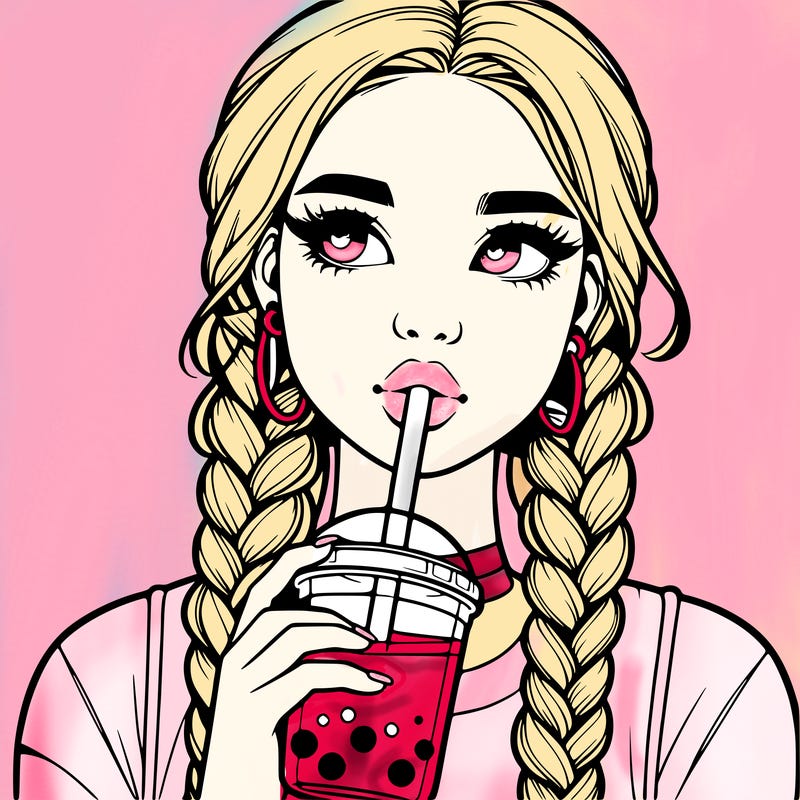realistic girl with braided hair drinking boba