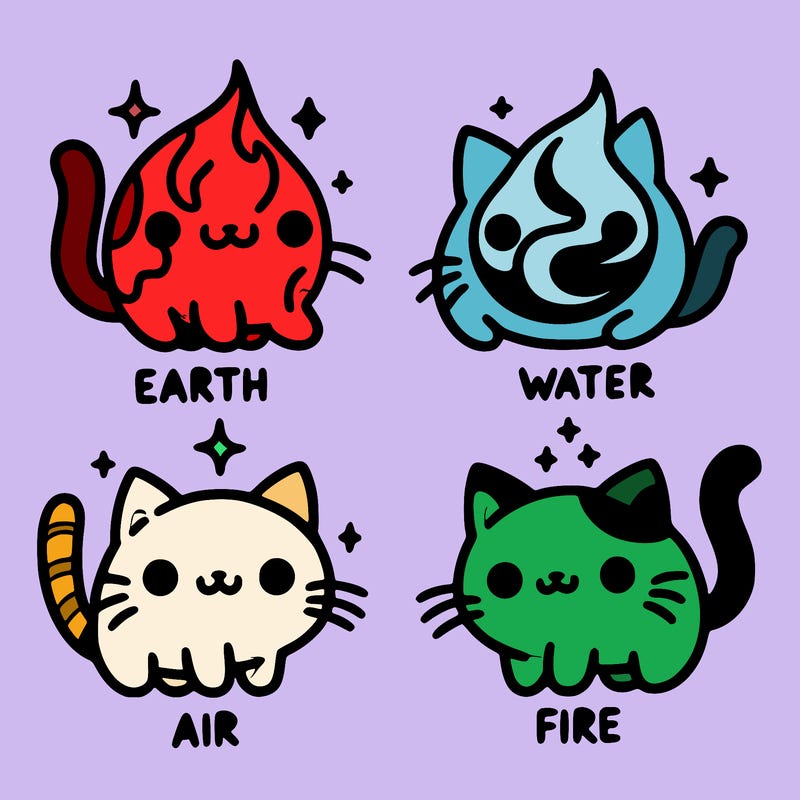 4 cats that represent the different elements, earth, water, air, and fire