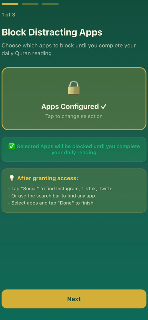 Quran Unlock - Setup screen in the Quran Unlock app showing options to block distracting apps until daily Quran reading is finished