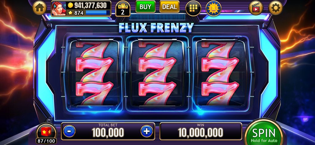 Máquina tragamonedas de tres rodillos Flux Frenzy mostrando símbolos de sietes triples rosas y una ganancia de diez millones de monedas.