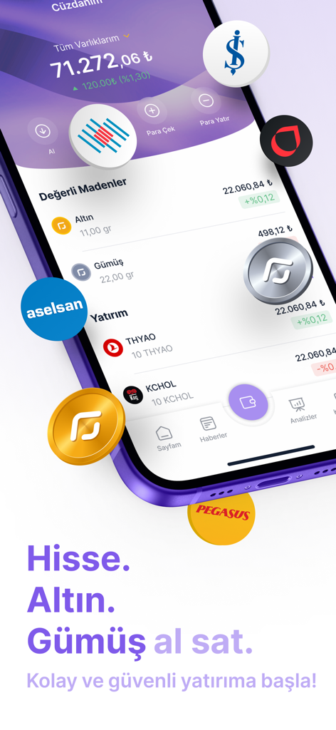 ForInvest: Piyasa Analizi - Smartphone displaying ForInvest app interface with a digital wallet showing gold, silver, and stock investments in Turkish Lira.