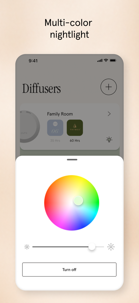 색상환으로 스마트 향기 디퓨저의 다채로운 야간 조명을 제어하는 Pura 앱 인터페이스