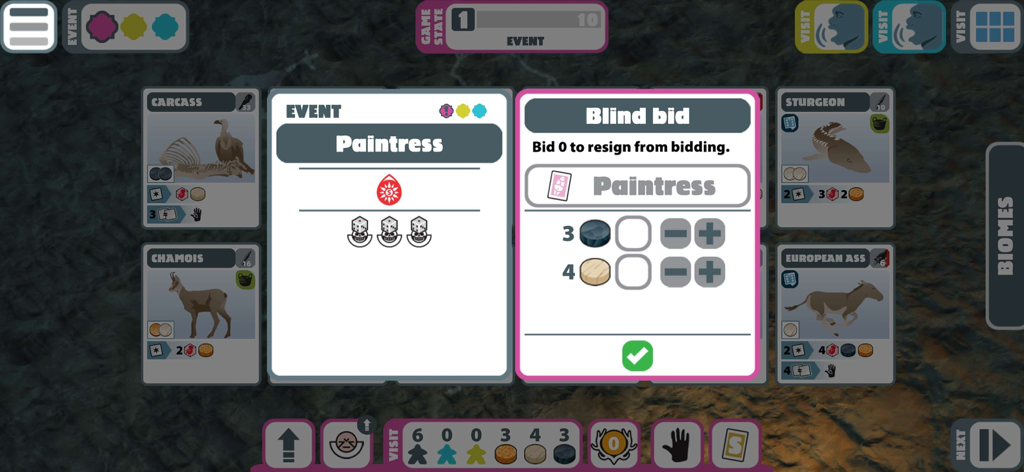 Neanderthal board game Premium - Gameplay screenshot of the Neanderthal board game showing a blind bid interface for the Paintress event card