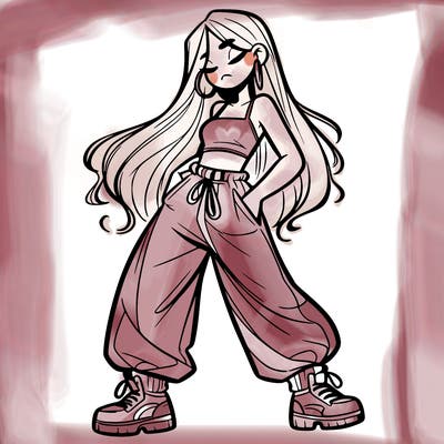 girl in baggy pants crop top and long hair