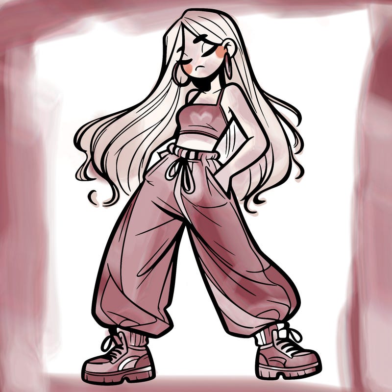 girl in baggy pants crop top and long hair