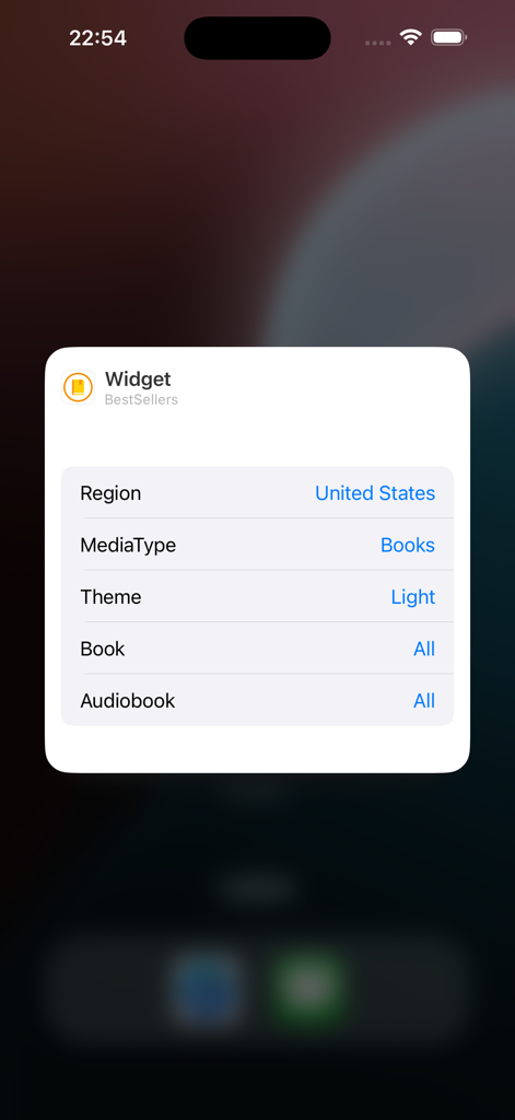 BestSellers for Book Store - Konfigurationsbildschirm für das Widget der Bestseller-App unter iOS