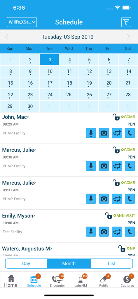 eClinicalMobile - eClinicalMobile app interface showing the physician schedule with a monthly calendar and a list of patient appointments.
