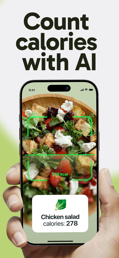 Food Calorie Tracker: Holli AI - A person using the Holli AI app on an iPhone to scan a chicken salad bowl for instant calorie and nutritional tracking.