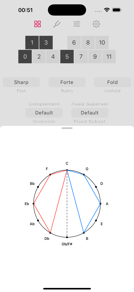 Composer Lab - Interface of the Composer Lab app showing pitch class sets and a circular harmonic diagram