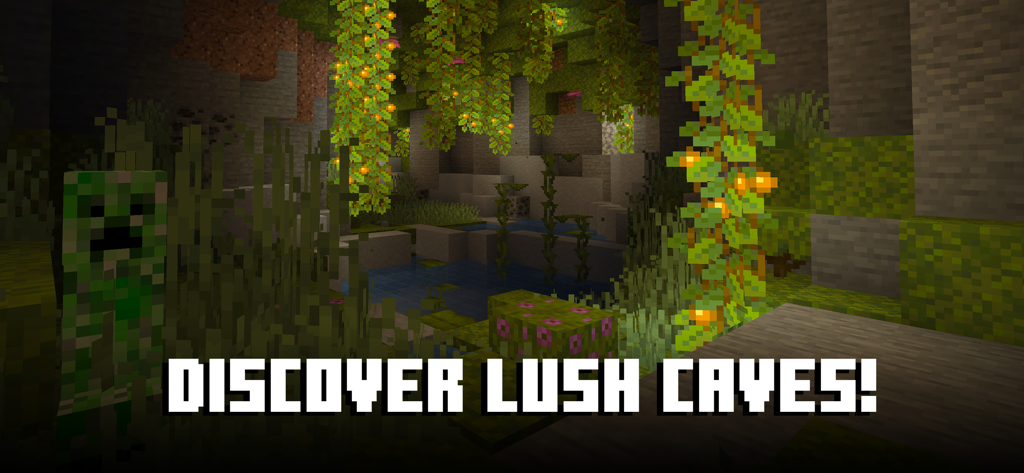 Minecraft: Dream it, Build it! - Una captura de pantalla de Minecraft de un bioma de cuevas exuberantes con enredaderas colgantes con bayas brillantes y un creeper.