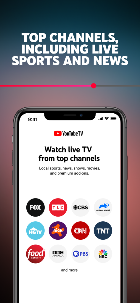 YouTube TV - 라이브 스포츠 및 뉴스를 위한 FOX, CNN, NBC와 같은 인기 채널 로고를 보여주는 스마트폰의 YouTube TV 앱 인터페이스.