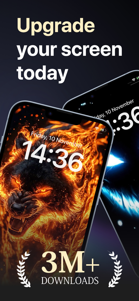 Promotional screen for Wave-AI Live Wallpapers showing a flaming wolf background and a 3 million downloads milestone