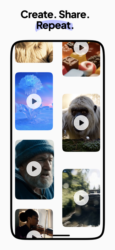 PhotoBase app interface featuring a grid of high-quality AI generated video clips for content creators