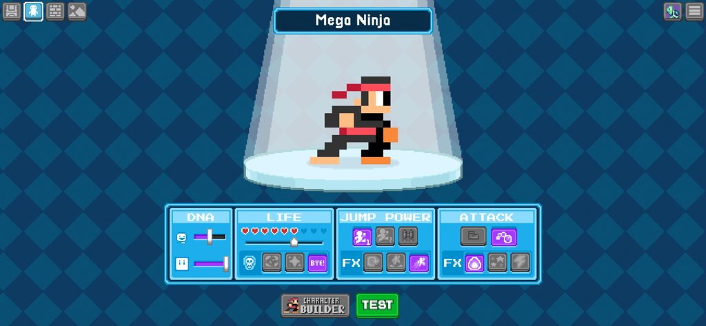 Character creation interface in Bloxels showing a custom pixel art ninja with stats for life jump power and attack