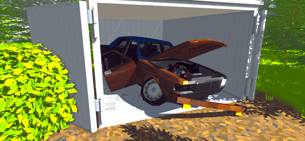 Garage Syndicate: Car Fix Sim - A rusty car with an open hood inside a small white garage shed