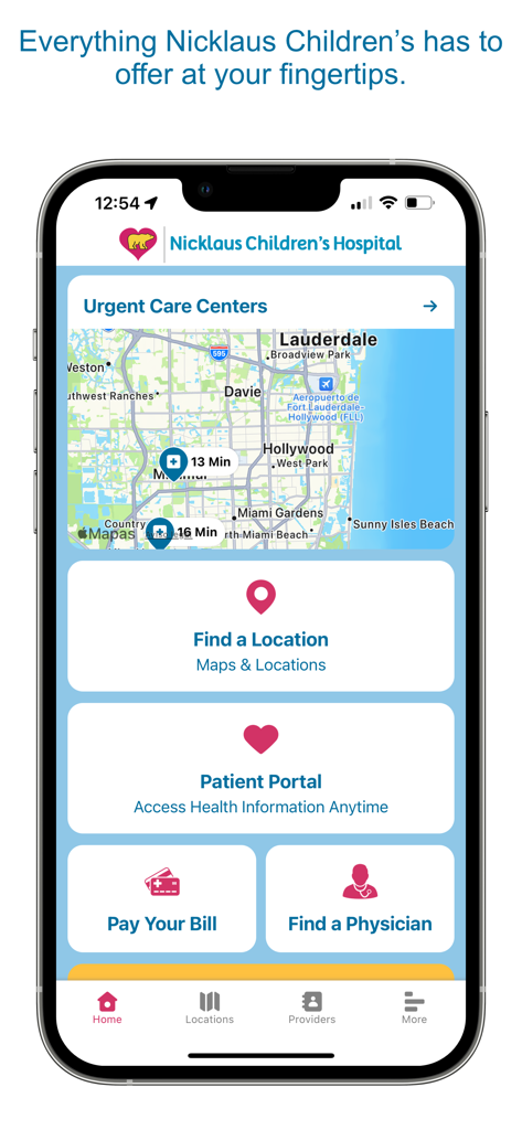 My Nicklaus Children's - My Nicklaus Childrens app home screen showing urgent care locations map and patient portal options