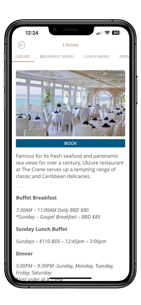 The Crane Resort - L'app The Crane Resort mostra i dettagli del ristorante L Azure e il pulsante di prenotazione