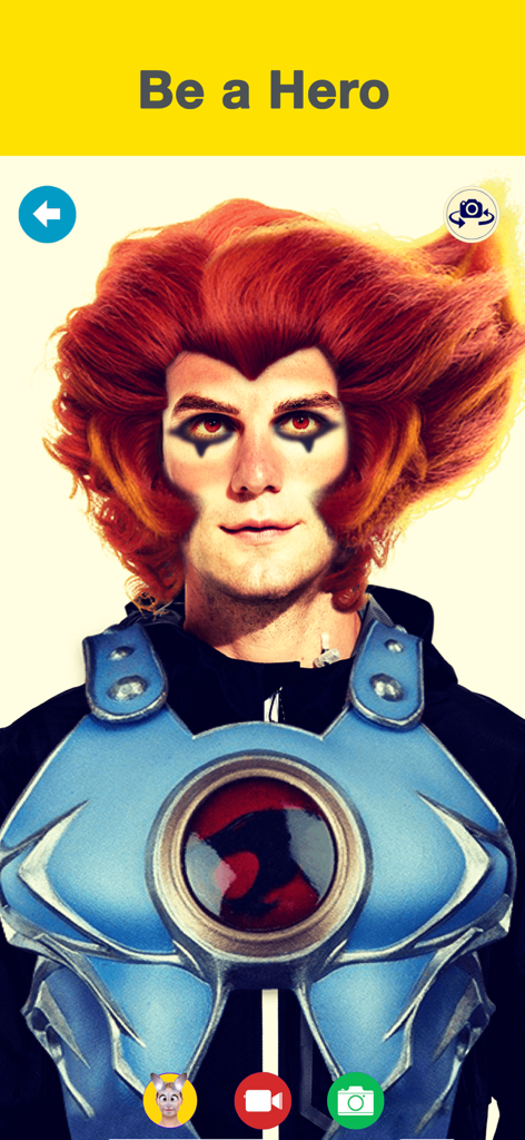 Anonymous Face Camera MaskMe - A man using a superhero face mask and armor filter in the MaskMe app interface