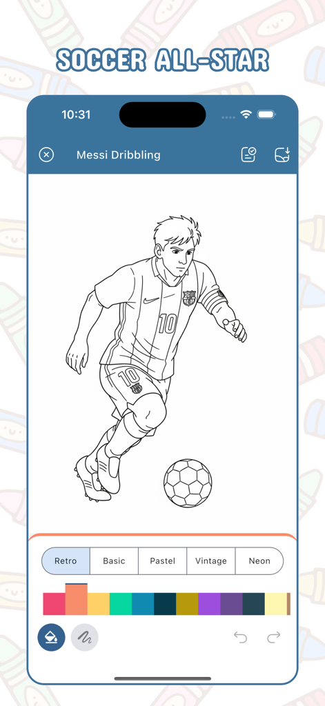 Football Coloring, Draw Soccer - Digital coloring interface with a drawing of Messi dribbling a football