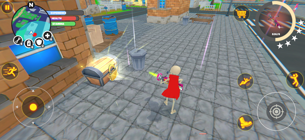 Stick Hero Simulator - A skeleton stickman hero with a red cape standing near a glowing treasure chest in a 3D city environment