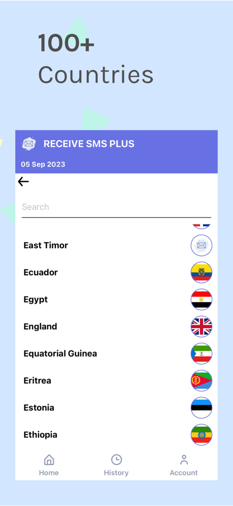 Receive SMS Plus - Lista de mais de 100 países disponíveis para verificação de SMS no aplicativo Receber SMS Plus