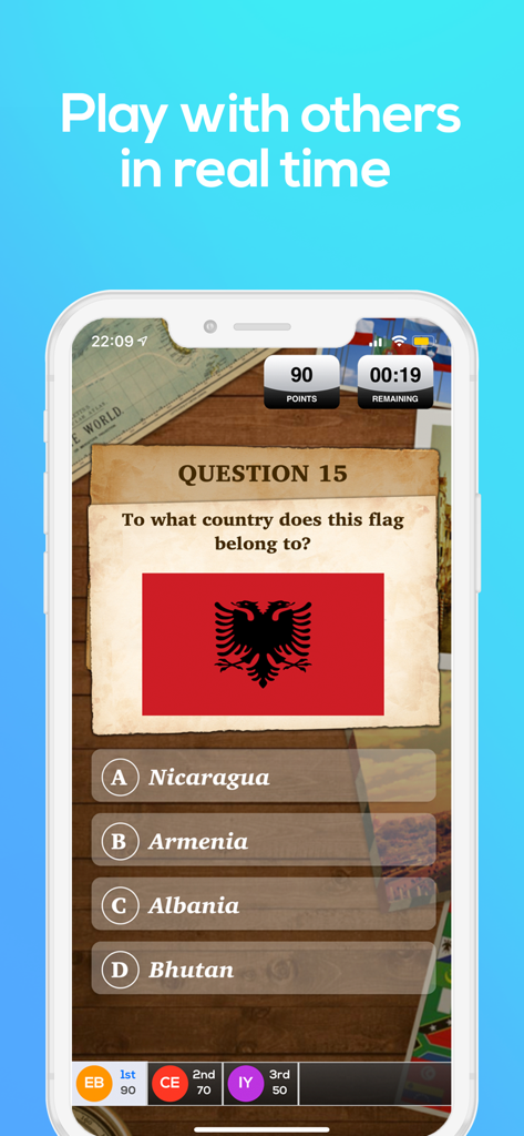 Duelit - Real Money eSports - Screenshot of Duelit mobile app showing a real-time trivia game with a flag identification question and player leaderboard.