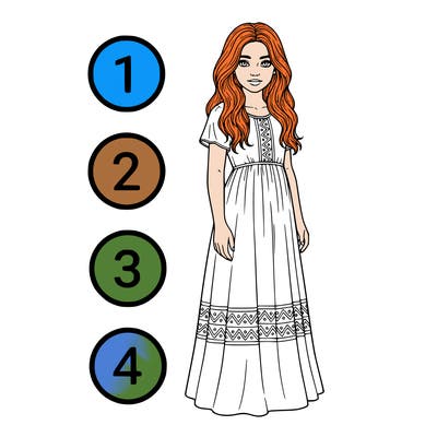 a girl with a bunch of circles on the side of the drawing next to her with numbers 1 2 3 and 4 and no background tall realistic girl