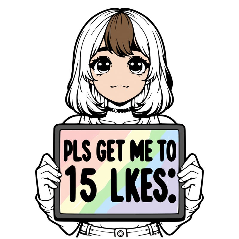 realistic girl holding up a sign that says “pls get me to 15 likes!”