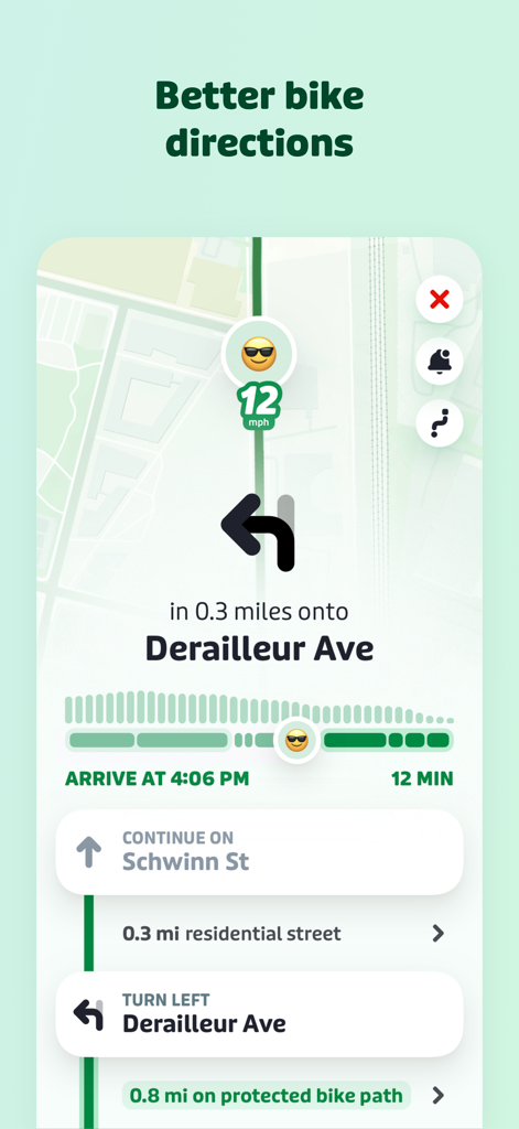 Interface de l'application Transit montrant les directions à vélo avec la vitesse en temps réel et la navigation virage par virage sur une carte.