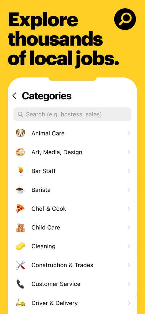 Job Today mobile app screen showing job categories like barista, chef, and delivery for local job searches.