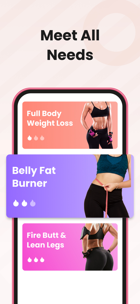 FitMe: Home Workout for Women - Interfaz de la aplicación móvil FitMe mostrando categorías de entrenamiento para pérdida de peso y quemador de grasa abdominal