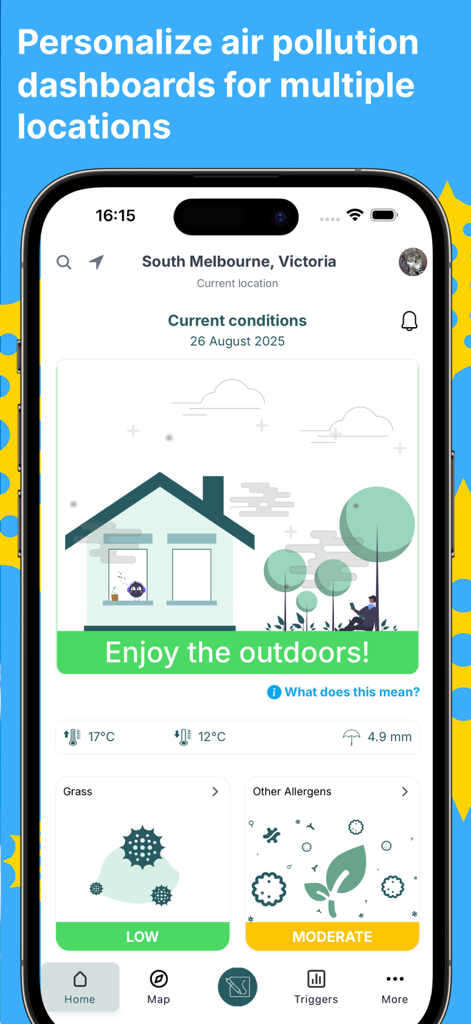 Melbourne Pollen Count - Melbourne Pollen Count app home screen showing a personalized dashboard with grass and allergen levels for South Melbourne