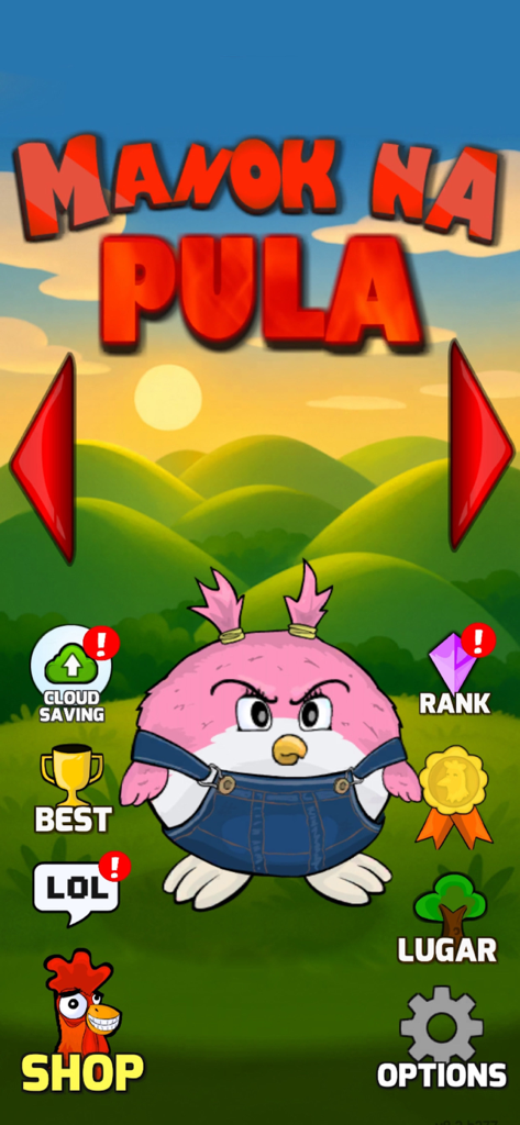 Main menu of the Manok Na Pula Multiplayer game featuring a pink cartoon chicken character wearing denim overalls.