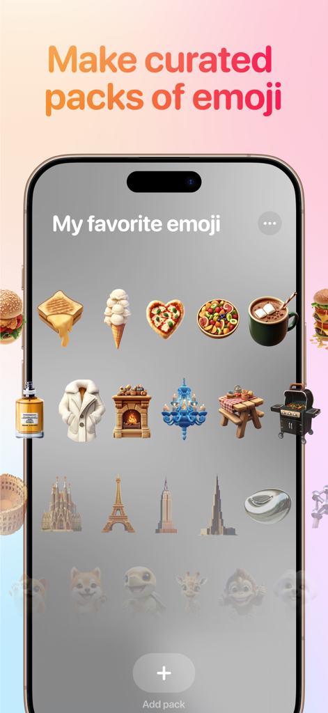 Emoji Hub: Packs for Ai Emoji - An iPhone interface displaying a curated collection of AI generated emojis including food landmarks and objects