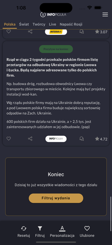 Infopigula mobile app showing a short news summary in Polish and a notification that the daily news feed is finished.