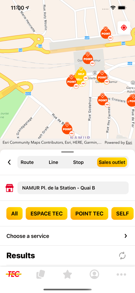 Map view of the TEC app showing various ticket sales outlets and kiosks in Namur