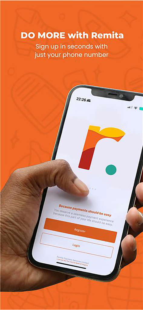 Remita - Una persona sosteniendo un smartphone mostrando la pantalla de registro e inicio de sesión de la aplicación móvil Remita