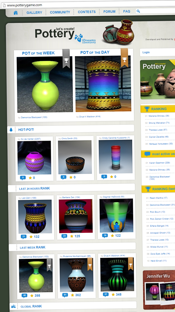 A website gallery showcasing a variety of user created digital pottery designs from the Lets Create Pottery app.