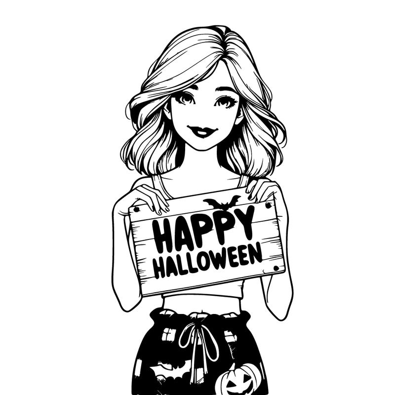 realistic girl with halloween crop top and halloween pants with a sing that said happy halloween
